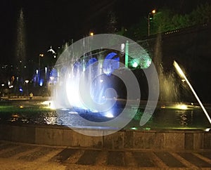 Singing fountain at Rike square Tbilisi at night, Georgia republic