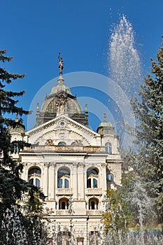 Singing Fountain and State Theater in Kosice Old Town, Slovakia.