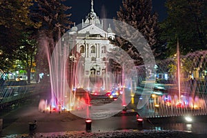 Singing fountain and State Theater at night in Kosice, Slovakia.