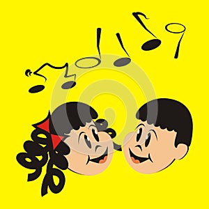 Singing girl and boy, vector icon on yellow background