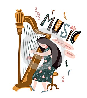 Singing girl with harp and lettering - `Music`. Vector illustration for music festival.