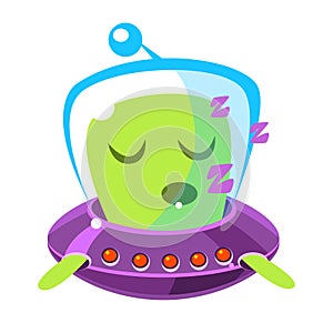 Singing green alien in a flying saucer, cute cartoon monster. Colorful vector character