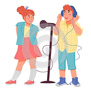 Singing hildren for vocal classes and art school, music and vocal, flat vector isolated.