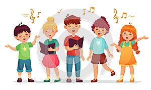 Singing kids. Music school, kid vocal group and children choir sing cartoon vector illustration