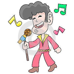 A singing man carrying an elvis presley style mic stand, doodle icon image kawaii photo