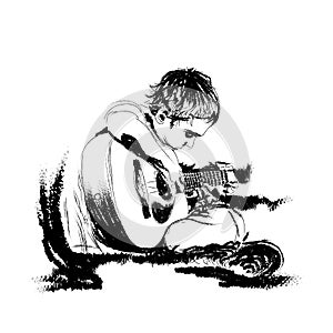 singing performance with acoustic guitar. illustration sketch black in white