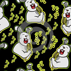 Singing rabbit happy expression with gold microphone funny animal bunny, cute cartoon seamless pattern with song tune and black