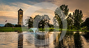 The singing tower and a pond in Carillon Park, Luray, Virginia.