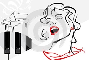 Singing woman on the retro background with piano