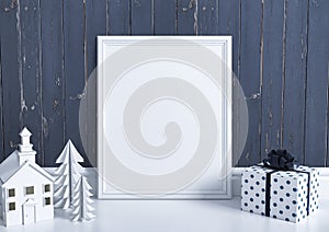 Single 8x10 Vertical White Frame mockup with christmas decorations on white floor and dark blue vintage wooden wall