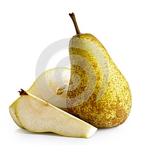 Single abate fetel pear next to a half and a slice of pear isolated on white.