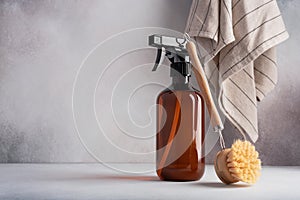 Single amber brown spray bottle and dish brush for cleaning