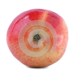 A single apple close-up. A tasty and juicy apple, isolated on a white background. A multi-colored healthful apple. Sweet fruits.