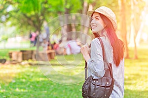 Single Asian girl teen going travel outdoor happy moment to have activity in holiday