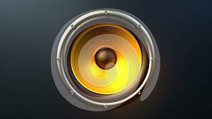 Single audio speaker with orange membrane playing modern music seamless loop