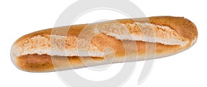 Single baked baguette. French bread whole loaf isolated on white background