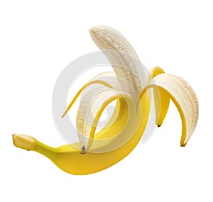 Single banana peeled isolated on white