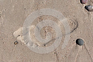 Single bare foot imprint in beach sand