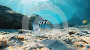 Single beautiful tropical fish in shallow water of coral reef