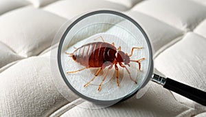 A single bed bug is visible on the surface of a mattress