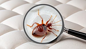 A single bed bug is visible on the surface of a mattress