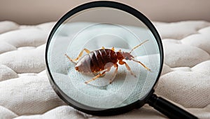A single bed bug is visible on the surface of a mattress