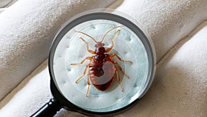 A single bed bug is visible on the surface of a mattress
