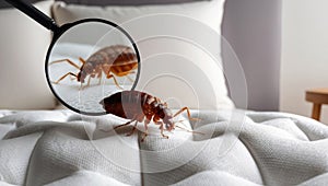 A single bed bug is visible on the surface of a mattress