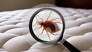 A single bed bug is visible on the surface of a mattress