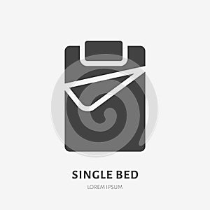 Single bed flat glyph icon. Bedding sign. Solid silhouette logo for interior store