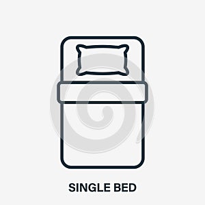 Single Bed Line Icon. Bedding Linear Icon. Top view. Size of Bed. Pillow and Blanket Outline Pictogram. Logo for