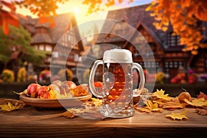 A single beer mug sits on top of a plain wooden table, creating a serene and uncomplicated scene, A traditional German beer stein