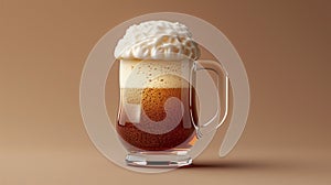 A beer mug with thick foam, set against a plain background. The image emphasizes the rich texture and frothiness of the beer.