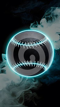 Single black baseball ball with bright blue glowing neon lines on smoke background, dynamic sports