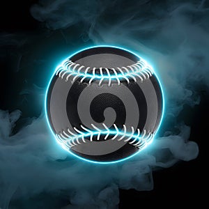 Single black baseball ball with bright blue glowing neon lines on smoke background, dynamic sports