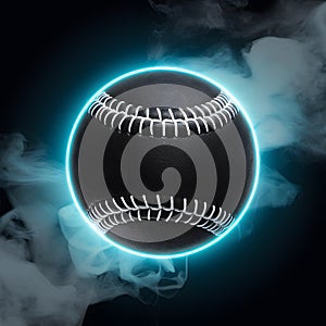 Single black baseball ball with bright blue glowing neon lines on smoke background, dynamic sports