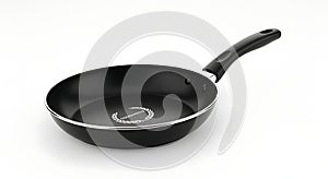Black nonstick frying pan with handle on white background