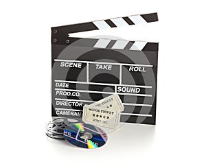 Single, black, open movie clapper or clapper-board with dvd movie disc, film reel and movie theatre tickets on white - digital