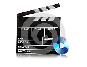 Single, black, open movie clapper or clapper-board with dvd movie disc on white - digital movie, home cinema or movie night