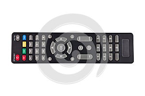 Single black plastic remote control for different multimedia devices isolated on white background