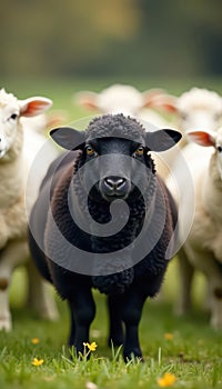 A single black sheep in sharp focus, surrounded by softly blurred white sheep , landscape, alone