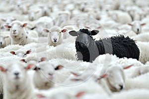 A Single Black Sheep Stands Out Amongst a Flock of White Counterparts in Rural Grazing Fields Created With Generative AI