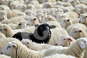 A Single Black Sheep Stands Out Amongst a Flock of White Counterparts in Rural Grazing Fields Created With Generative AI