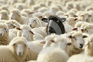 A Single Black Sheep Stands Out Amongst a Flock of White Counterparts in Rural Grazing Fields Created With Generative AI