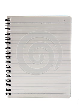 Single blue line white notepad with a spiral binding on isolated