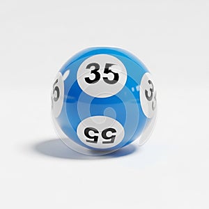 Blue Lottery Ball With Number 35 and Other Numbers Visible on White Surface bingo ball