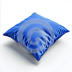 A single square blue pillow isolated on a white background in a studio setting with soft lighting