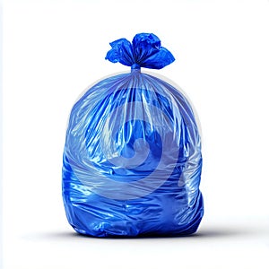 A single blue plastic garbage bag isolated on white surface