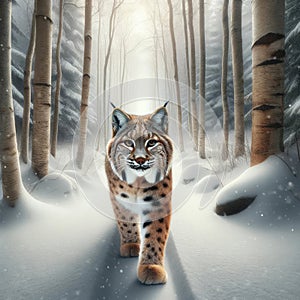 Single Bobcat Wilderness Wintertime Birch Trees Snowy Pathway Forest Canada AI Generated