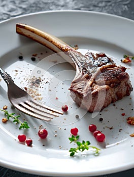 Empty white plate with a single steak bone, scattered herbs and peppercorns under soft studio daylig